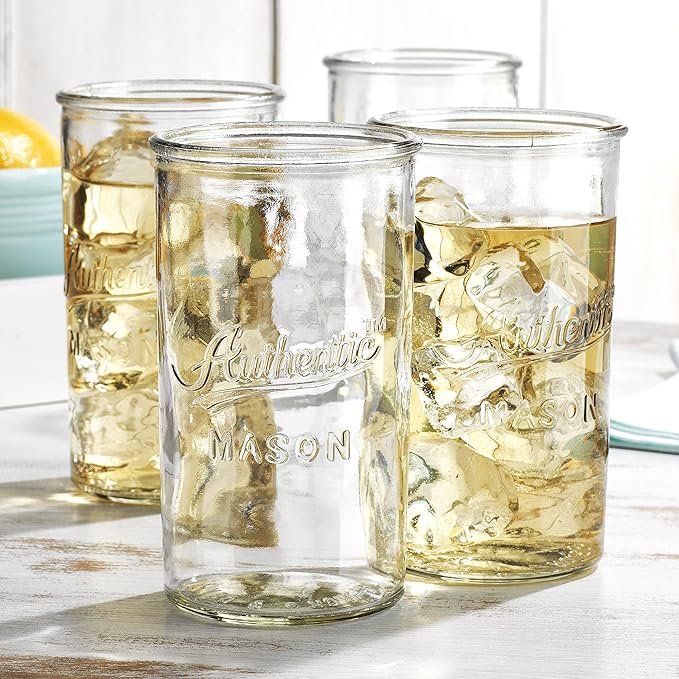 Glaver's Drinking Glasses – Set of 4 Authentic Mason Vintage Glassware – Clear Glass Tumblers for Cocktails, Water, Juice – Embossed Vintage Drinking Glasses (Highball 18 oz 7983)