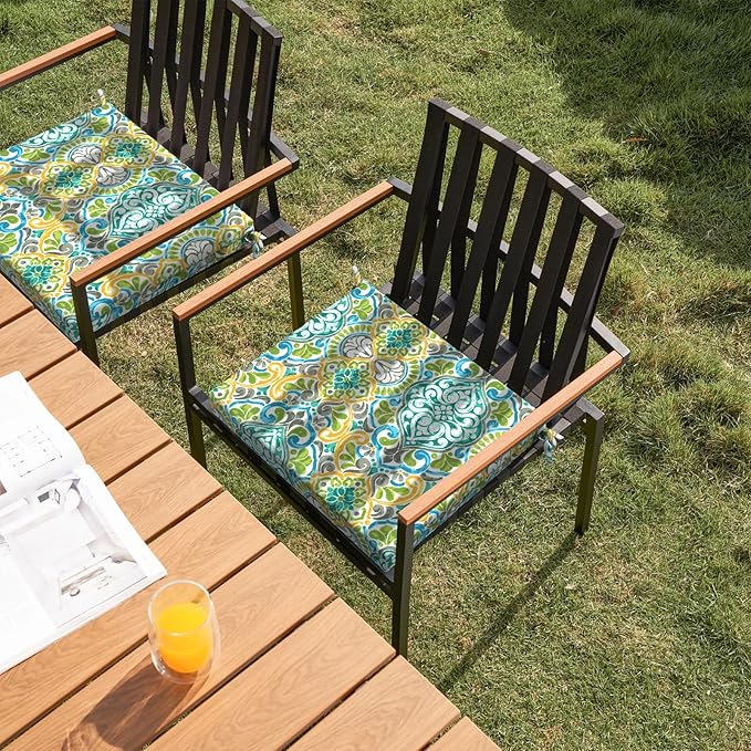 Set of 4 Outdoor Square Chair Cushions 18.5"x16"x2" for Patio, Water Resistant Patio Dining Seat Pads Replacement for Kitchen Garden and Outdoor Furniture Decoration - Damask Green