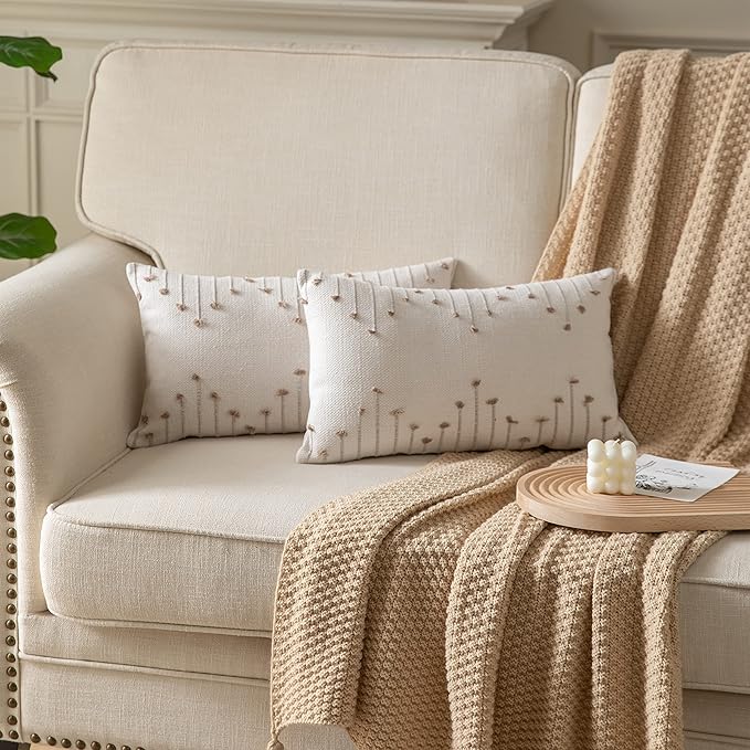 Boho Throw Pillow Covers 12x20 Set of 2 Decorative Pillows for Bed, Neutral Pillow Covers Beige with Tan Line Throw Pillows for Modern Farmhouse Couch Sofa Living Room Outdoor