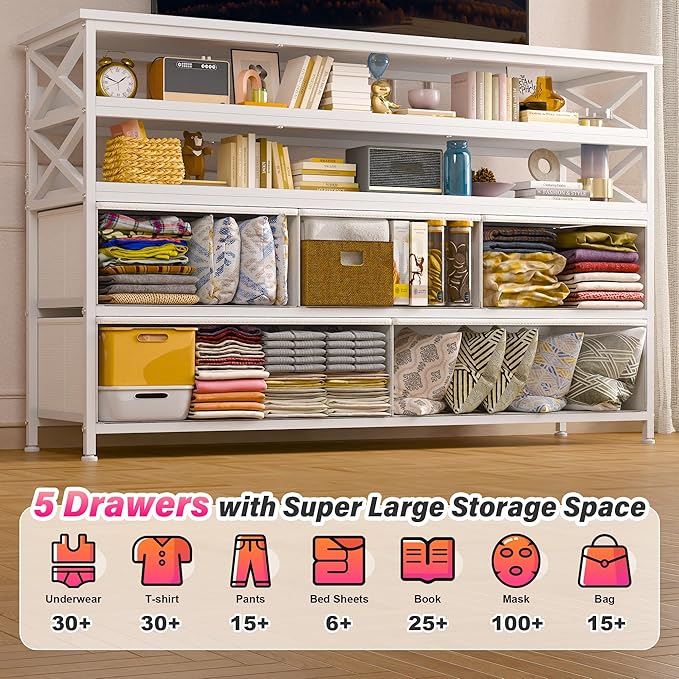 White Dresser TV Stand for 50" TV, Sturdy Dresser for Bedroom with 5 Fabric Drawers and Wood Open Shelves, Chest of Drawers Storage Dressers for Entryway, Closet, 11.8" D x 39.4" W x 38.4" H