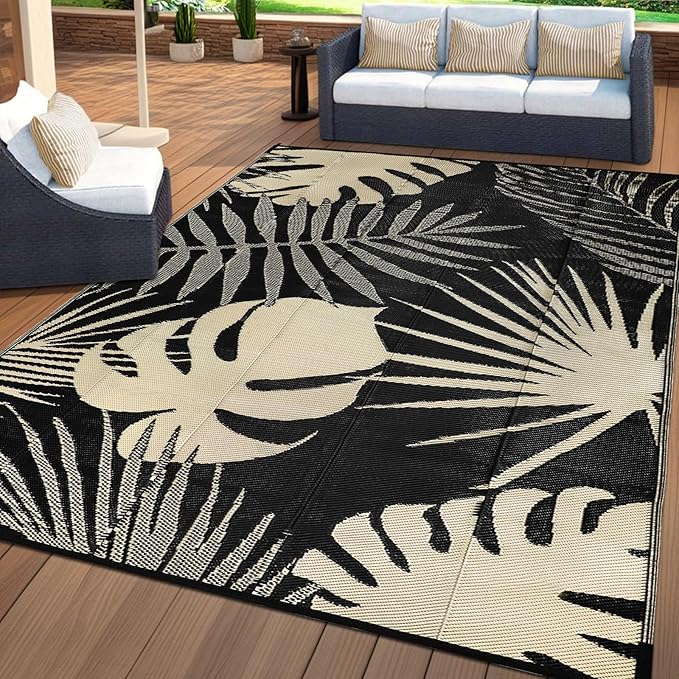 Waterproof Outdoor Rug 8x10 ft, Reversible Plastic Straw Mat with Leaf Pattern, Large Floor Mat for Patio, Camping, Picnic, Backyard RV, Deck, Black