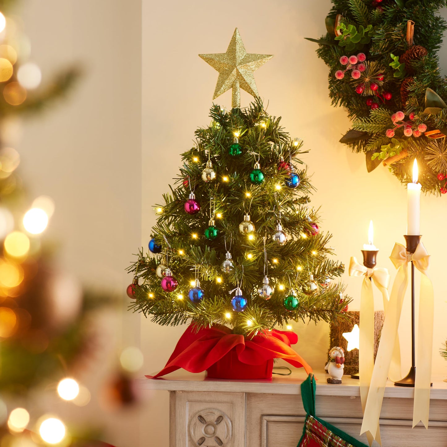 Joiedomi 24"/2FT Mini Christmas Tree Tabletop Set with Clear LED Lights, Artificial Mini Christmas Tree with Star Treetop and Hanging Ornaments, Best DIY Xmas Decorations