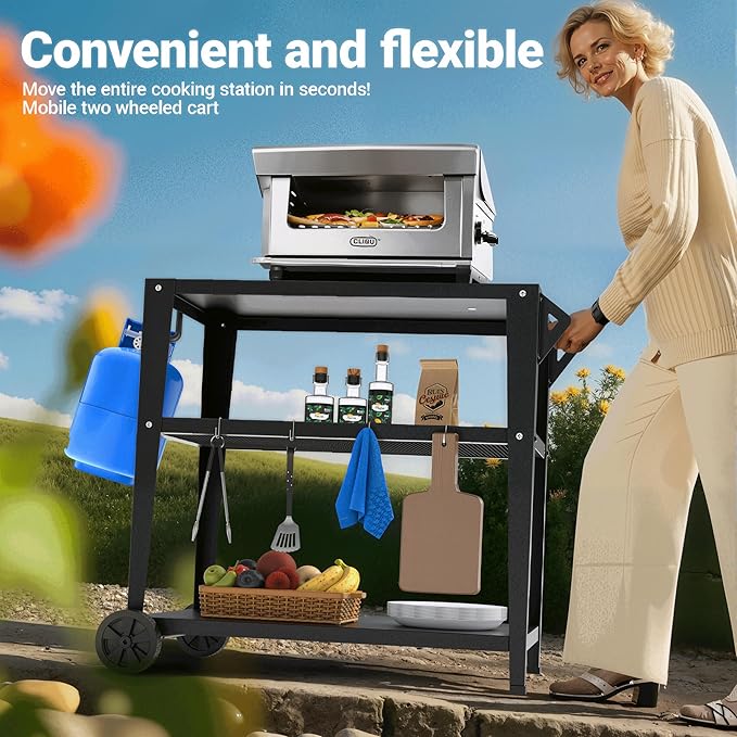 3-Shelf Outdoor Grill Table & Pizza Oven Cart with Wheels, Stainless Steel BBQ Prep Table with Hooks, Mobile Grill Stand for Blackstone (Black)
