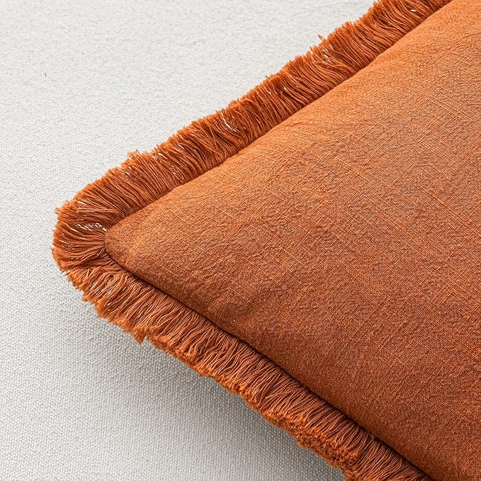 MIULEE Fall Decorative Throw Pillow Covers Neutral Linen Fringe Throw Pillows Euro Shams Set of 2 Orange Boho Farmhouse Cushion Covers for Couch Sofa Bed Living Room Spring Home Decor 22x22 Inch