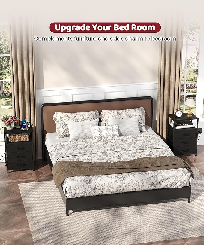 End Table with Charging Station, 11" D x 15" W Night Stand with LED Light, Nightstand with Fabric Drawers, Bedside Table with Open Shelf, Side Table for Bedroom, Living Room, Black