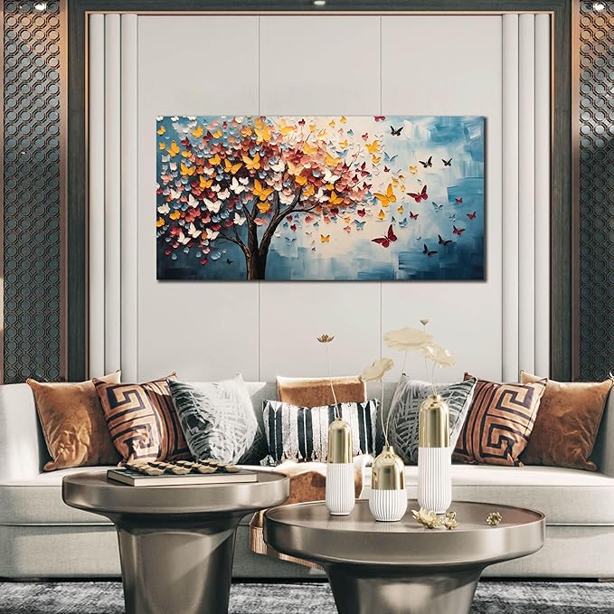 Butterfly Tree Canvas Wall Art for Living Room Bedroom Home Office Blue Colorful Tree of Life Wall Art Modern Large Framed Canvas Prints Size 24x48