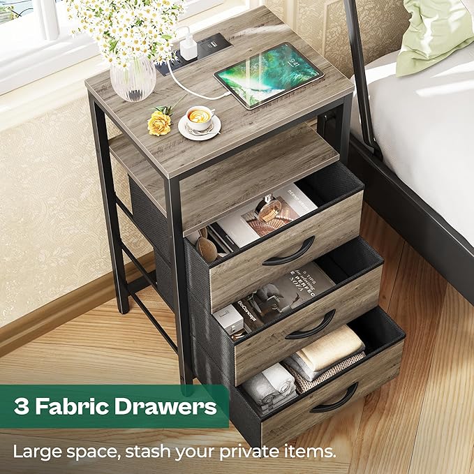 Huuger Nightstand with Charging Station, 27.6 Inch End Table Bedside Table with USB Ports and Outlets, Night Stand for Bedroom, Fabric Drawers, Oak