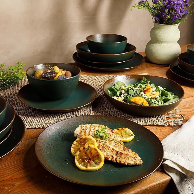 Bloomhouse - Oprah's Favorite Things - Palermo Sun Double Bowl Stoneware Reactive Glaze Plates and Bowls Dinnerware Set - Agave Blue, Service for Four (16pcs)