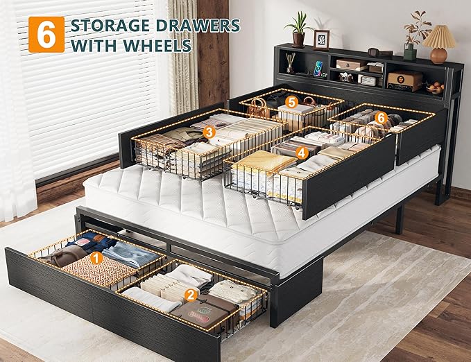EnHomee Full Size Bed Frame with 6 Storage Drawers Full Bed Frame with Headboard, Storage Bed with Charging Station, No Noise,No Box Springs Needed,Black
