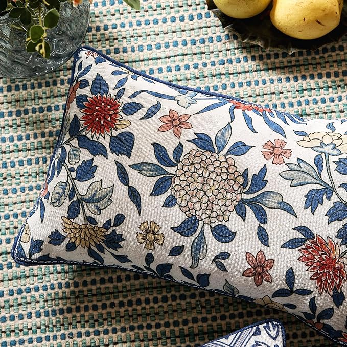 patdrea Designer Throw Pillow Covers Set of 2,Euro Elegant Linen with Colorful Blooming Floral Pattern Pillow Cover,Decorative Lumbar Pillowcases Cushion for Bed Living Room Outdoor Car,12"x20"