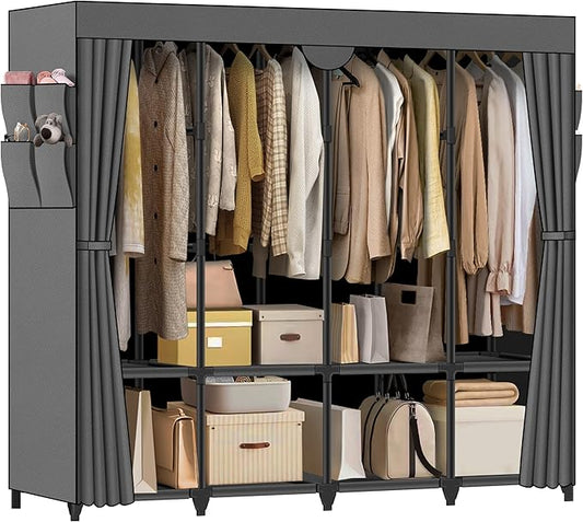 Wardrobe Closet, Quick and Easy Assembly, Gray Large Capacity Portable Closet with 4 Hanging Rods 8 Storage Shelves and 8 Side Pockets, Clothes Rack with Cover, for Bedroom and Living Room