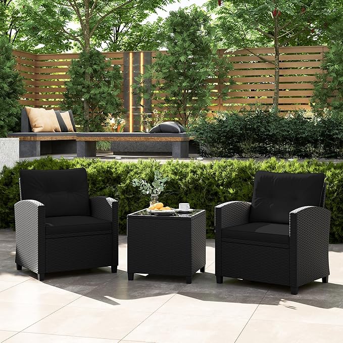Tangkula 3 Piece Patio Furniture Set, Rattan Conversation Set w/Soft Seat & Back Cushions, Tempered Glass Topped Coffee Table, Cushioned Wicker Seating Set for Backyard, Porch, Poolside (Black)