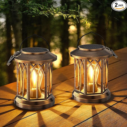 WdtPro Solar Lanterns Outdoor Lights, 2 Pack Bright Lanterns Outdoor Waterproof with Clip Patio Decor, Hanging Solar Lights for Outside Garden Yard Front Porch Table Decoration (Antique Copper)