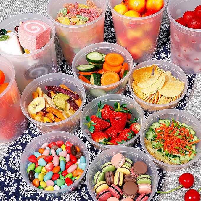 Deli Containers with Lids 48 Sets - Plastic Soup Containers with Lids 8oz, 16oz, 32oz - Take Out Container for Restaurant, Food Container with Leakproof, Microwave/Freezer/Dishwasher Safe