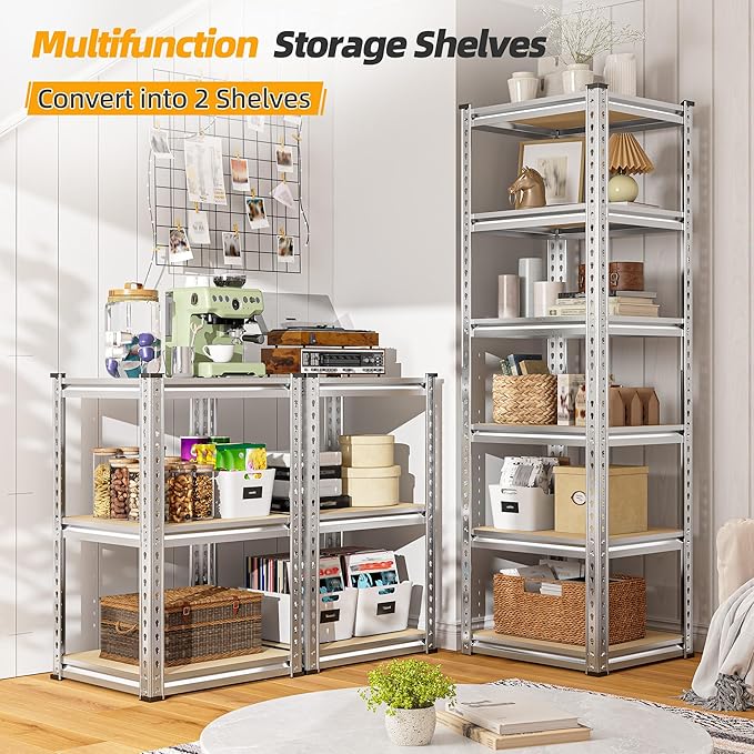 REIBII Storage Shelves 6 Tier Garage Shelving Heavy Duty Metal Shelving Loads 2250LBS Adjustable Garage Shelves for Warehouse Pantry Kitchen Closet 16" W x 16" D x 72" H, Silver