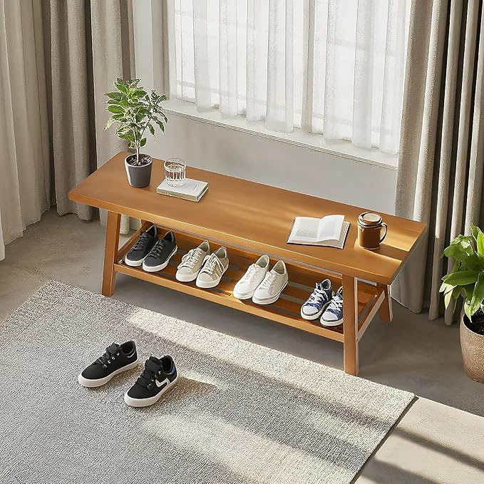 43.3" Farmhouse Solid Wood Bench, Long Rustic Storage Entryway Bench for Indoor, Bedroom,Dining Room, Living Room and Hallway