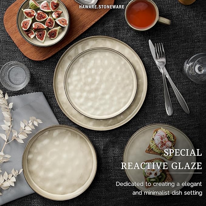 HaWare Dinnerware Sets, 18-Piece Plates and Bowls Set, Stoneware Dish Set for 6, Ceramic Dinnerware for Home Restaurant, Chip and Scratch Resistant, Microwave and Dishwasher Safe, Saturn Khaki