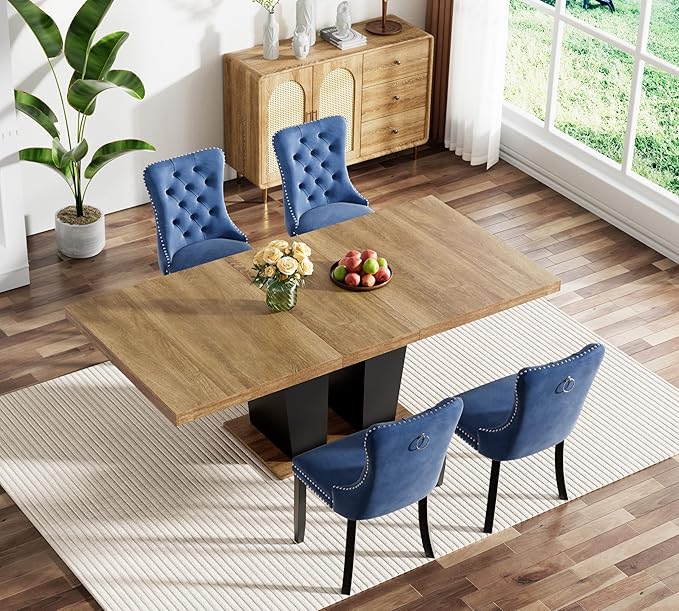 Goujxcy 5-Piece Extendable Dining Table Set for 4-8 People 63-78 Inch Kitchen Table Set with 4 Velvet Upholstered Chairs Farmhouse Rectangular Dining Room Table Set for Kitchen Dining Room Apartment