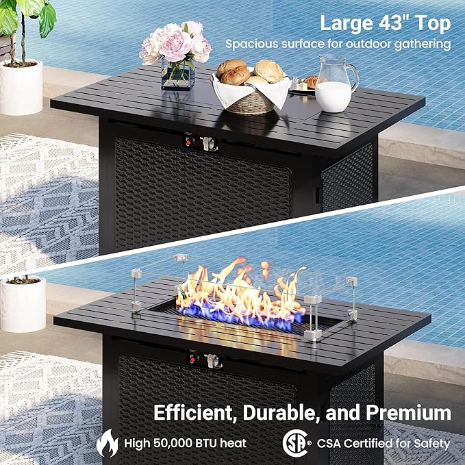 8 Pieces Outdoor Patio Furniture Set with 43" Fire Pit Table, Wicker Outdoor Patio Sectional Sofas Coffee Table, All-Weather Patio Conversation Set with Cushions for Garden Backyard, Light Blue