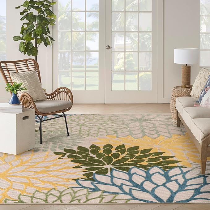 Nourison Home Aloha Indoor/Outdoor Green Multicolor 7'10" x 10'6" Area Rug, Easy-Cleaning, Non Shedding, Bed Room, Living Room, Dining Room, Backyard, Patio, Deck (8x11)