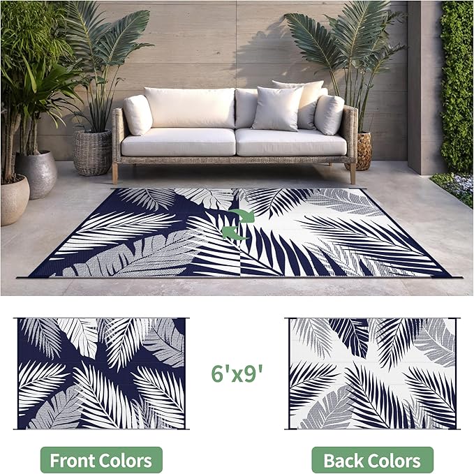 Outdoor Rug 6’x9’ Waterproof for Patio Clearance, Reversible Indoor Outdoor Plastic Straw Camping Rug Carpet, RV Mat, Large Area Rug for Deck, Backyard, Balcony, Porch, Beach, Blue & White