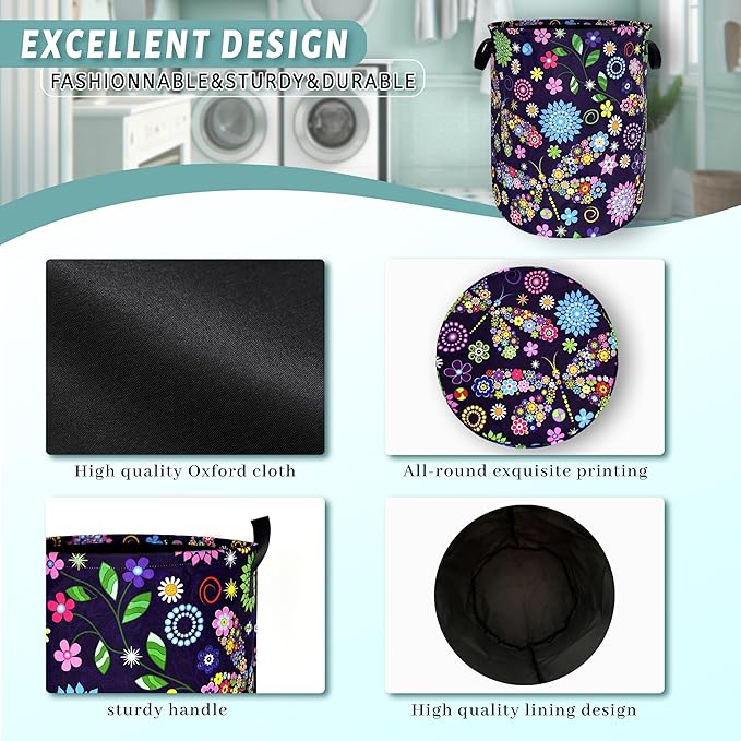 Colorful Hippie Flowers Dargonfly Laundry Basket Foldable Oxford Cloth Laundry Hamper With Handle Portable Clothes Storage Basket 18.9 X 16.5 Inch Storage Bag For Laundry Room/Bathroom/Bedroom