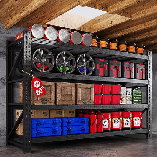 60” W Heavy Duty Garage Shelving, 5000LBS Metal Storage Shelves, 4 Tier Storage Rack Shelf, Steel Industrial Shelving, Adjustable Standing Shelf for Basement/Warehouse 60" W x 24" D x 70" H, Black
