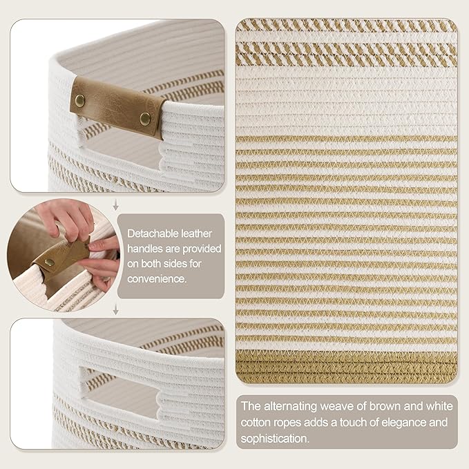 Laundry Hamper 85L Large Blanket Storage, Basket Blankets Living Room, Toys, Towel, Dirty Clothes in Bathroom, Bedroom, Tall Laundry Basket with Leather Handles, 17"x14"x22", Khaki