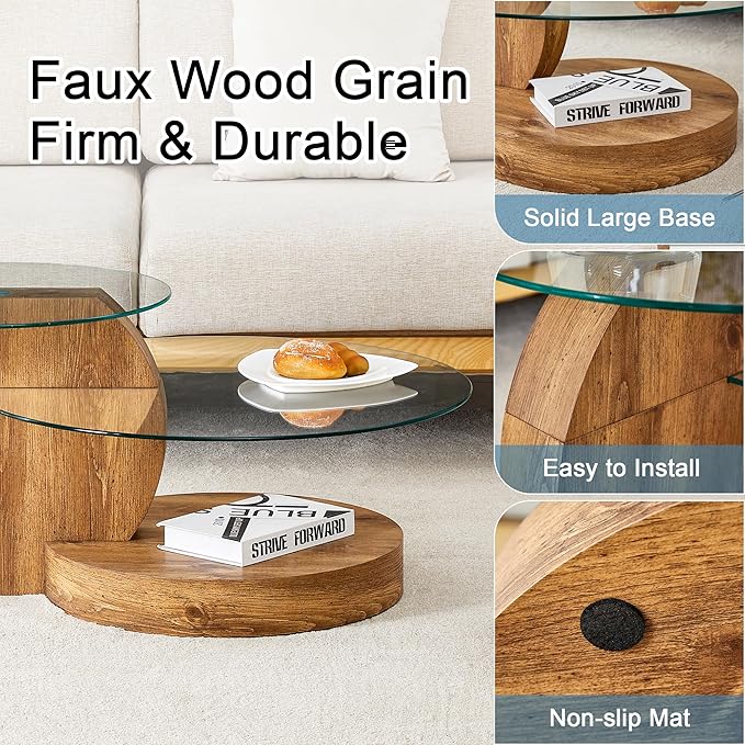 Glass Coffee Table, Modern Round Glass Coffee Table with Wooden Base, 3 Tier Round Coffee Table, Clear Cocktail Table with Storage for Living Room, Office, Balcony, Wood