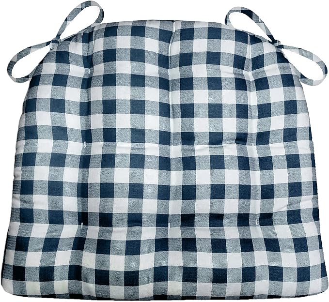 Barnett Home Decor Classic Check Navy Blue Dining Chair Pad with Ties - Medium Size 18 Chair Cushion - Latex Foam Fill - Machine Washable, Reversible, 100% Cotton Plaid, Made in USA