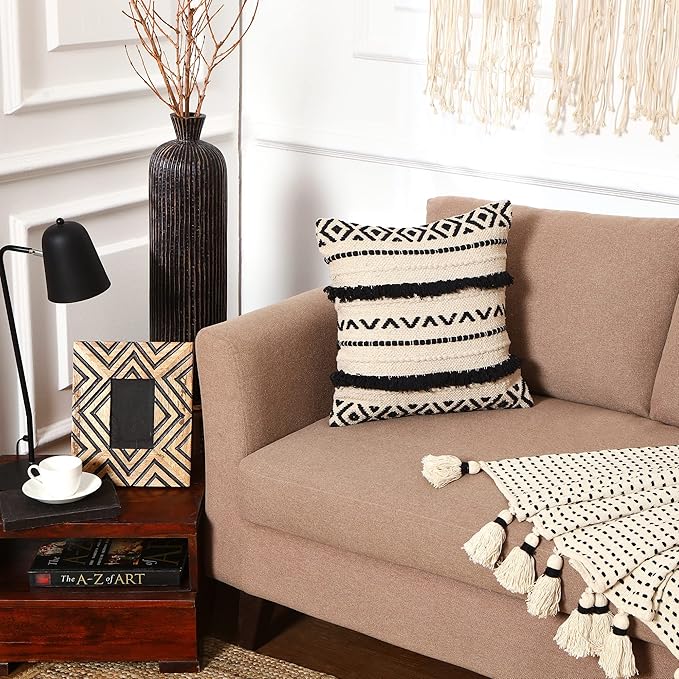 REDEARTH Handmade Boho Throw Pillow Covers - Bohemian Chic Farmhouse Style - Accent Woven Indoor and Outdoor Pillow Cushion Cases for Couch - Bed - Chair - Sofa - Benches – Set of 2-18"x18" - Black