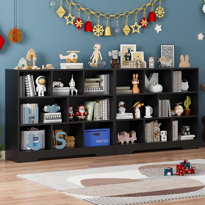 Book Shelf for Kids, 8 Cubes Storage Organizer Montessori Shelf, 3-Tier Wooden Kids Bookcase, Toy Storage Organizer for Children, Black Toddler Bookshelf Cube Shelf for Kid’s Room, Classroom