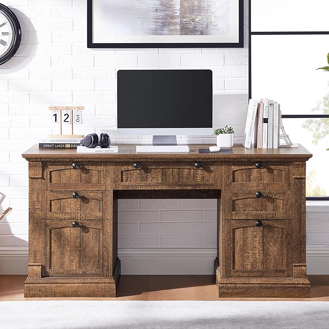 OKD 60" Executive Desk with Drawers, Farmhouse Home Office Desk with Charging Station, Keyboard Tray, File Cabinet Storage, Wood Computer Desk for Work and Study, Reclaimed Barnwood