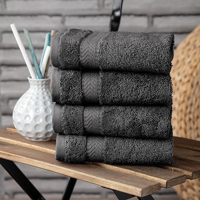 TEXTILOM 100% Turkish Cotton 4 Piece Luxury Washcloth Towel Set for Bathroom & Kitchen, Thick & Super Soft & Highly Absorbent & Quick Dry for Face and Hand- Black