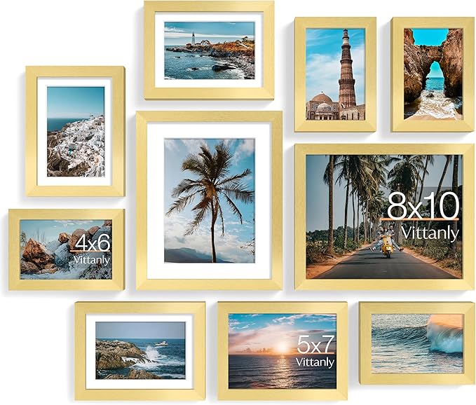 Vittanly Picture Frames Set of 10, Picture Frames Collage Wall Decor with Two 8x10, Four 5x7, and Four 4x6 Photo Frames, Gallery Wall Frame Set for Wall or Tabletop Display, Gold