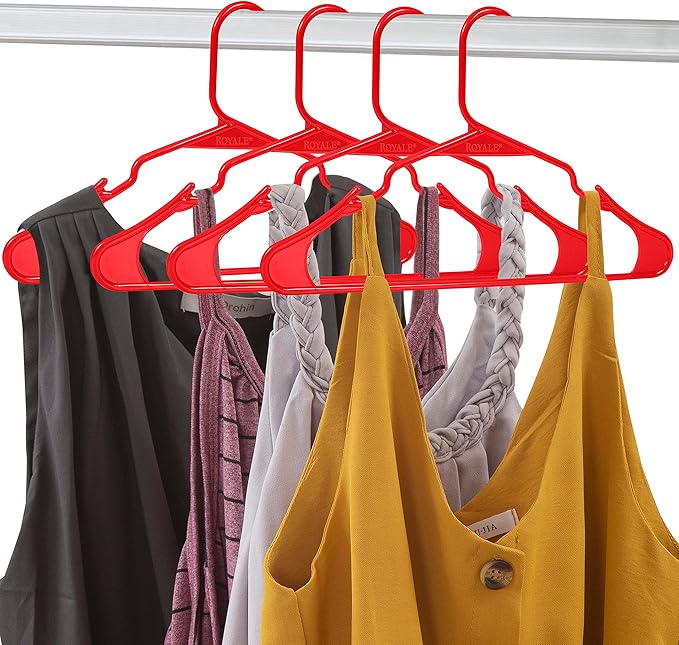 Royale Linens 20 Pack Red Plastic Hangers for Clothes - Heavy Duty Clothes Hanger for Everyday Use - Lightweight & Space Saving Notched Plastic Hangers