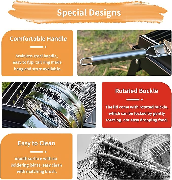 Rolling Grill Baskets (2PCS), 304 Stainless Steel, Silver, Round, Perfect for Veggies, Shrimp, Meats, Father's Day Gift