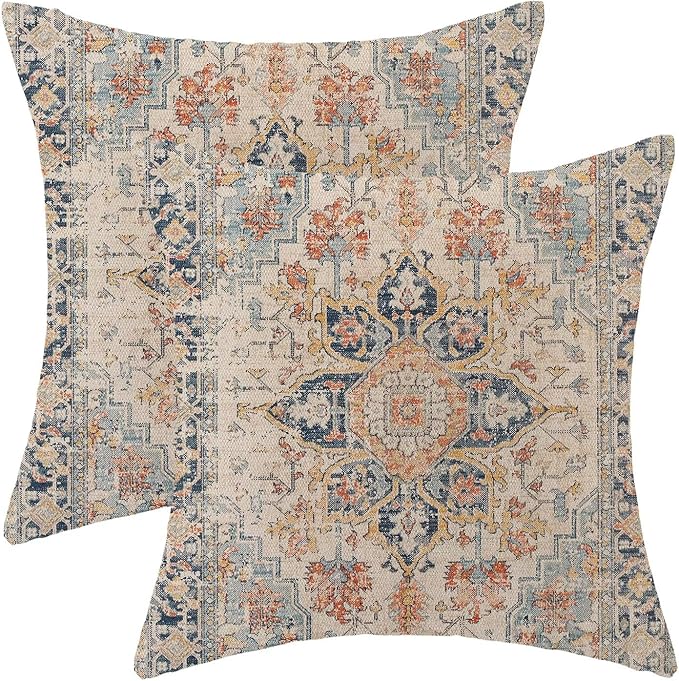 Boho Brown Nature Throw Pillow Covers 18x18 Inch Set of 2, Carpet Pattern Neutral Decorative Throw Pillow Covers Bohemia Brown Linen Outdoor Cushion Cover for Sofa Couch Farmhouse Room
