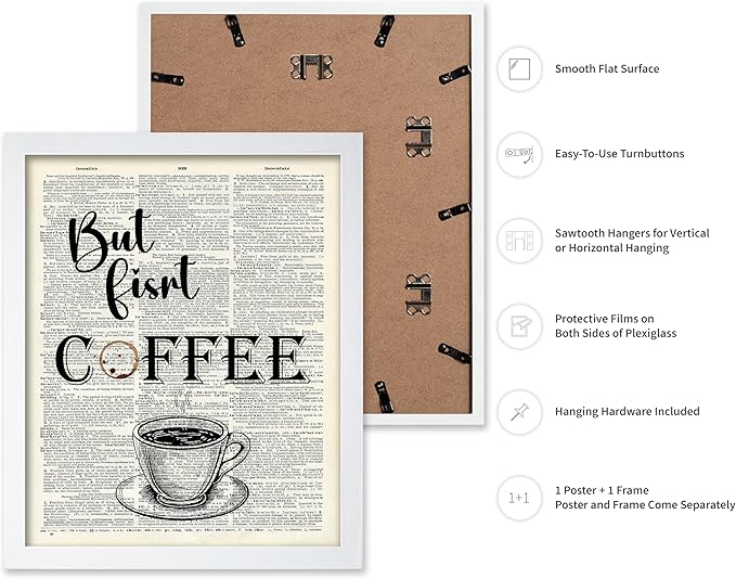 Poster Master Dictionary Art Poster - But First Coffee Print - Cafe Art - Gift for Men, Women, Coffee Lovers & Barista - Funny Decor for Kitchen, Restaurant or Dining Room, 8x10 White Framed