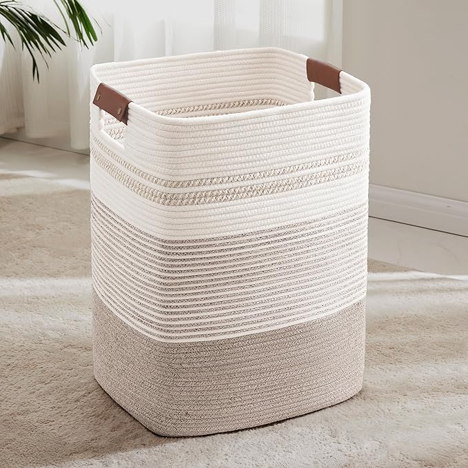 Laundry Hamper 85L Large Blanket Storage, Basket Blankets Living Room, Toys, Towel, Dirty Clothes in Bathroom, Bedroom, Tall Laundry Basket with Leather Handles, 17"x14"x22", Beige Brown