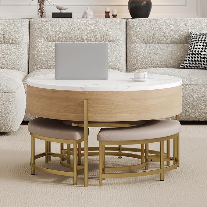 WILLIAMSPACE 31.5" Lift Top Coffee Table Set with Storage & 3 Upholstered Nesting Ottoman, Modern Round Marble Coffee Table Accent Center Table for Living Room, Apartment, White & Natural