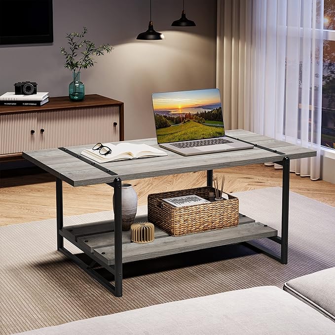 2-Tier Farmhouse 41'' Large Gray Wood Coffee Table with Storage Shelf -Modern Rustic Metal Rectangle Center Living Room Coffee Table Accent Furniture for Home Office,Easy Assembly(Grey)