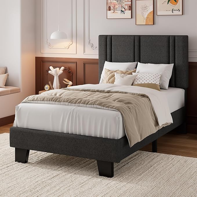 iPormis Twin Platform Bed Frame with Fabric Upholstered Headboard & Thickened Legs, Mattress Foundation with Solid Wooden Slats Support, No Box Spring Needed, Noise Free, Dark Grey