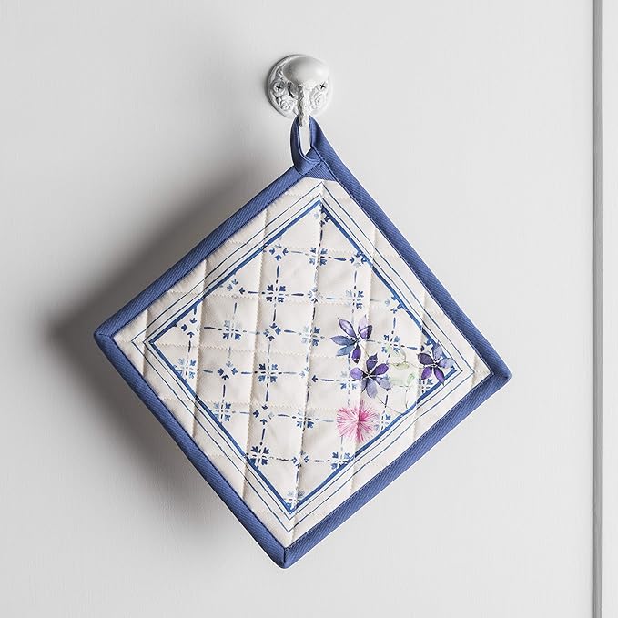 Maison d' Hermine Pot Holders Set 100% Cotton Heat Resistant Potholders 8" x 8" Hot Pads with Loop BBQ, Cooking, Baking, Grilling, Kitchen, Handling Hot Pans Spring/Summer (Pack of 2, Faience)