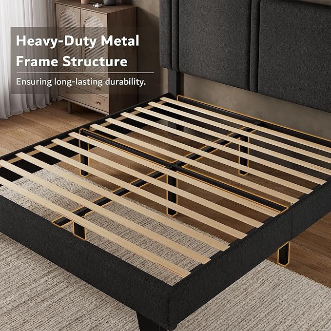 iPormis Queen Platform Bed Frame with Fabric Upholstered Headboard & Thickened Legs, Mattress Foundation w/Solid Wooden Slats Support, Noise Free, No Box Spring Needed, Dark Grey