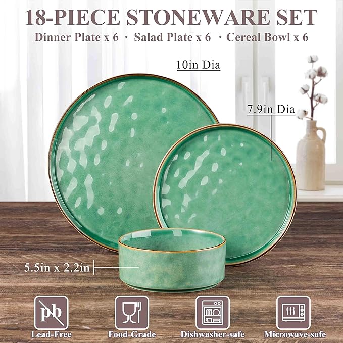 Herogo 18 Pieces Dinnerware Dish Sets, Plates and Bowls Sets for 6, Elegant Kitchen Dinning Dishes, Dishwasher & Microwave Safe, Gemstone Green