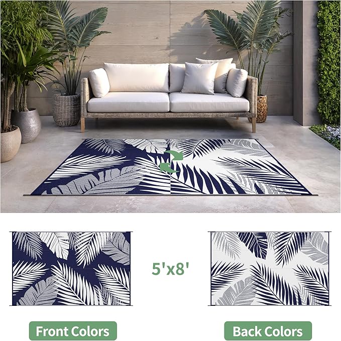 Outdoor Rug 5’x8’ Waterproof for Patio Clearance, Reversible Indoor Outdoor Plastic Straw Camping Rug Carpet, RV Mat, Large Area Rug for Deck, Backyard, Balcony, Porch, Beach, Blue & White