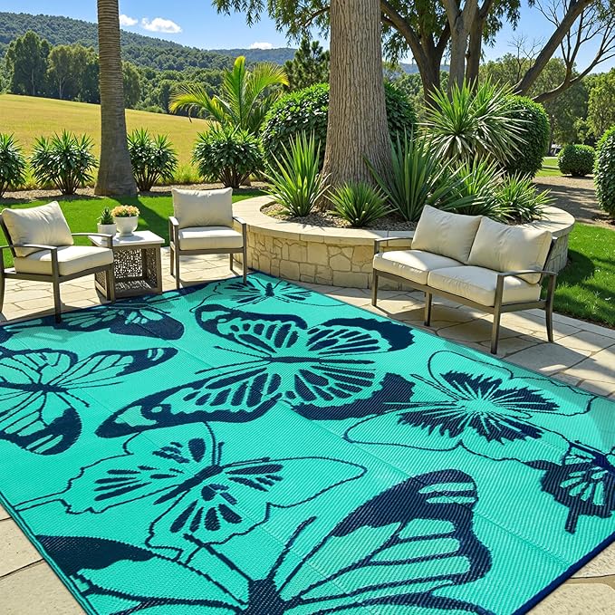 Beeiva Butterfly Outdoor Rug 8x10 Patio Waterproof, 8x10 Reversible Plastic Outdoor Rugs for Patio, Lightweight & Easy Clean Mat for Pool, Balcony, Backyard, Camping, Deck - Teal