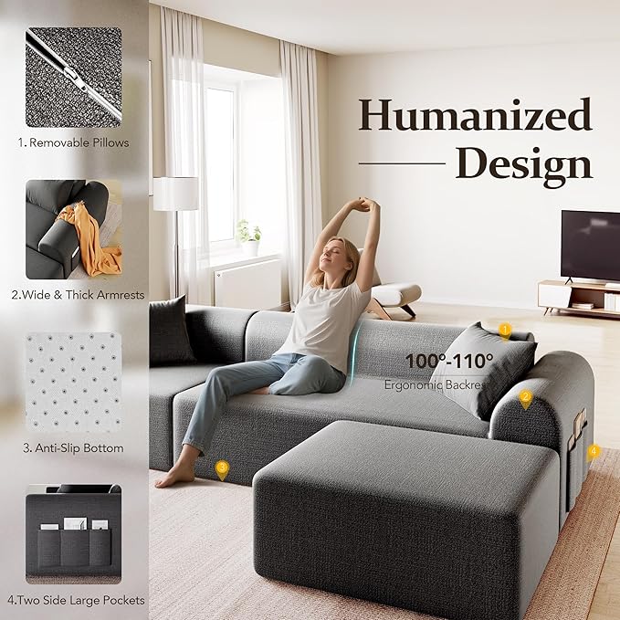 105.5” Cloud Boneless Sectional Sofa for Living Room, L-Shaped 4-Seater Modular Couch with Ottoman & 4 Pillows, Deep Seat Chenille Fabric Sofa, No Assembly, 72H Full Restore, Grey