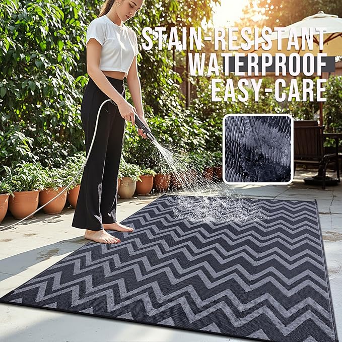 OLANLY Waterproof Outdoor Rug 8x10 ft Clearance, Reversible Outdoor Plastic Straw Rug, RV Mat, Indoor Outdoor Carpet for Patio, Camping, Balcony, Deck, Backyard, Black & Grey